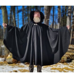 Cloakmakers.com 5964-Washable Black Wool Blend Cloak w/ Black Velvet Hood Lining & Triple Medallion Clasp
