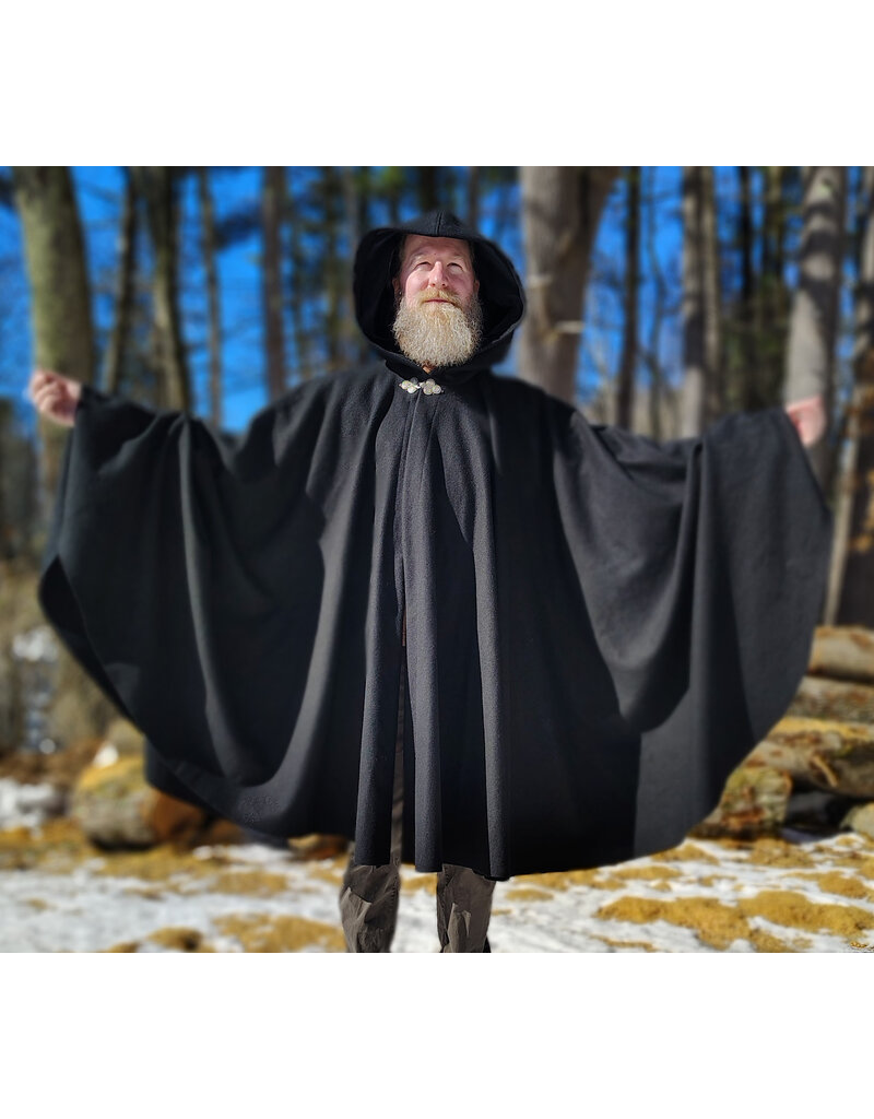 Cloakmakers.com 5964-Washable Black Wool Blend Cloak w/ Black Velvet Hood Lining & Triple Medallion Clasp