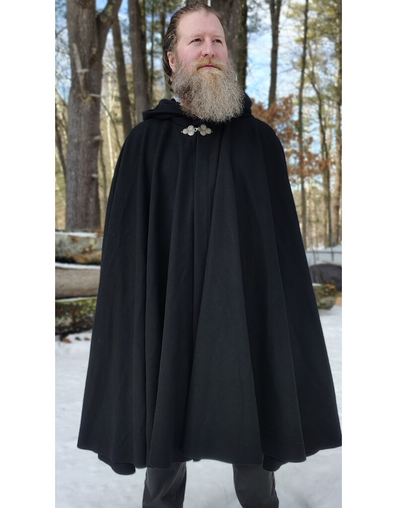 Cloakmakers.com 5964-Washable Black Wool Blend Cloak w/ Black Velvet Hood Lining & Triple Medallion Clasp