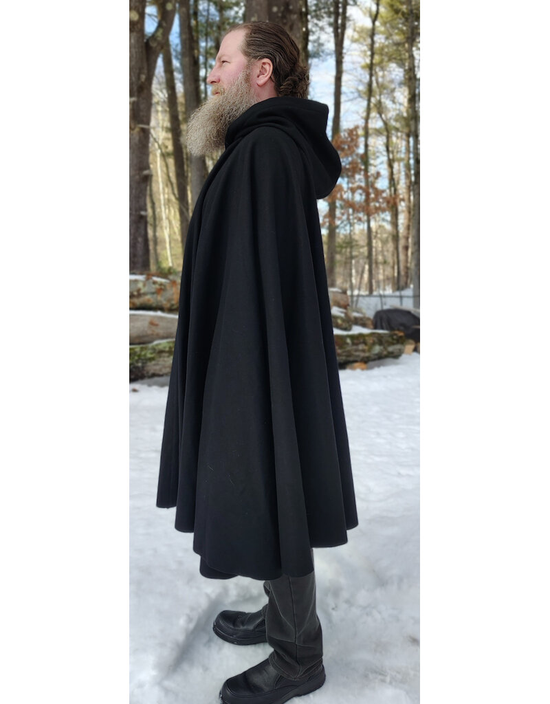 Cloakmakers.com 5964-Washable Black Wool Blend Cloak w/ Black Velvet Hood Lining & Triple Medallion Clasp