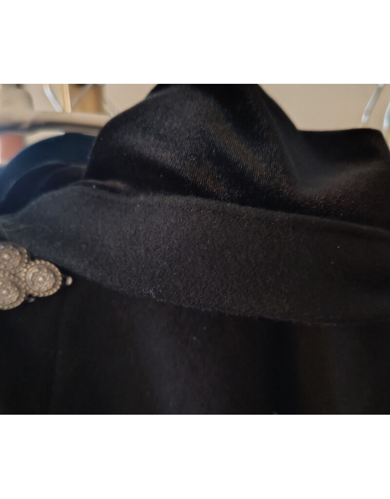 Cloakmakers.com 5964-Washable Black Wool Blend Cloak w/ Black Velvet Hood Lining & Triple Medallion Clasp