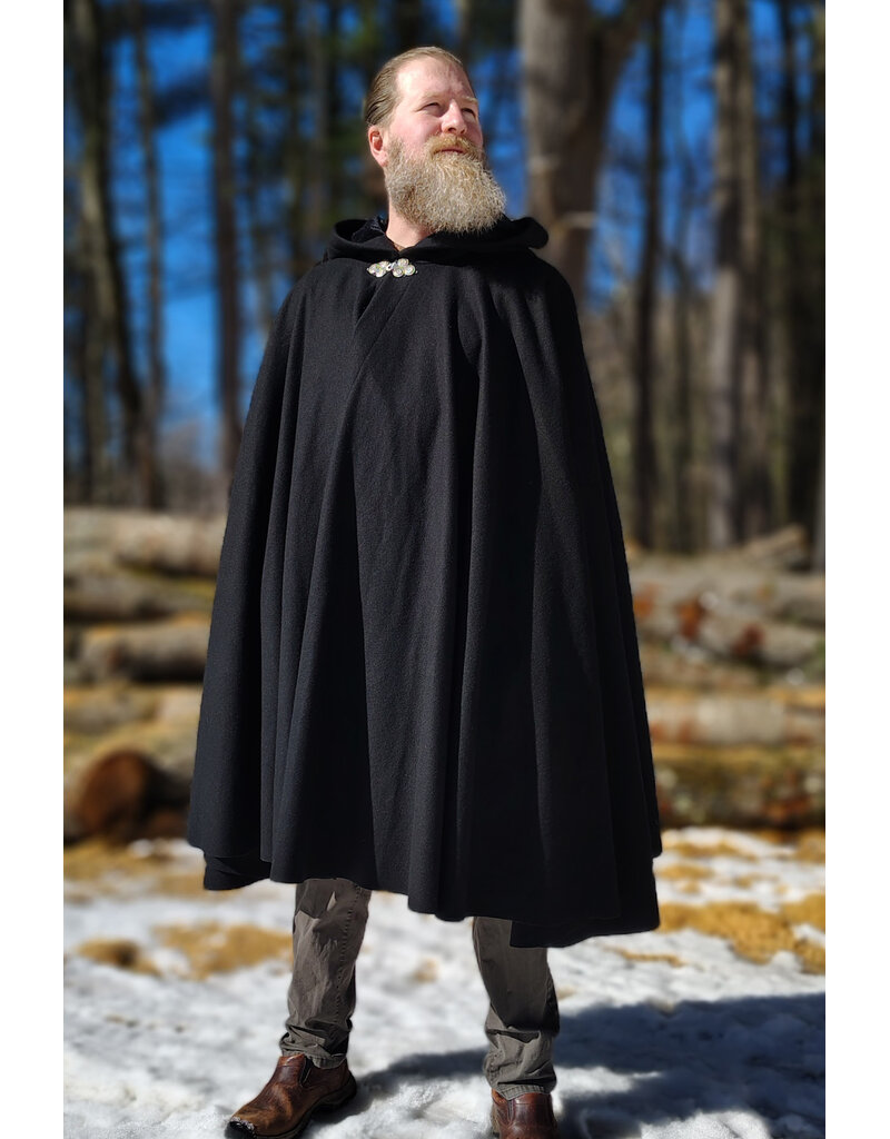 Cloakmakers.com 5964-Washable Black Wool Blend Cloak w/ Black Velvet Hood Lining & Triple Medallion Clasp