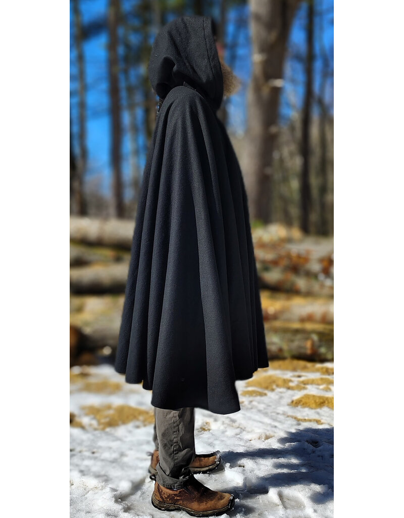 Cloakmakers.com 5964-Washable Black Wool Blend Cloak w/ Black Velvet Hood Lining & Triple Medallion Clasp