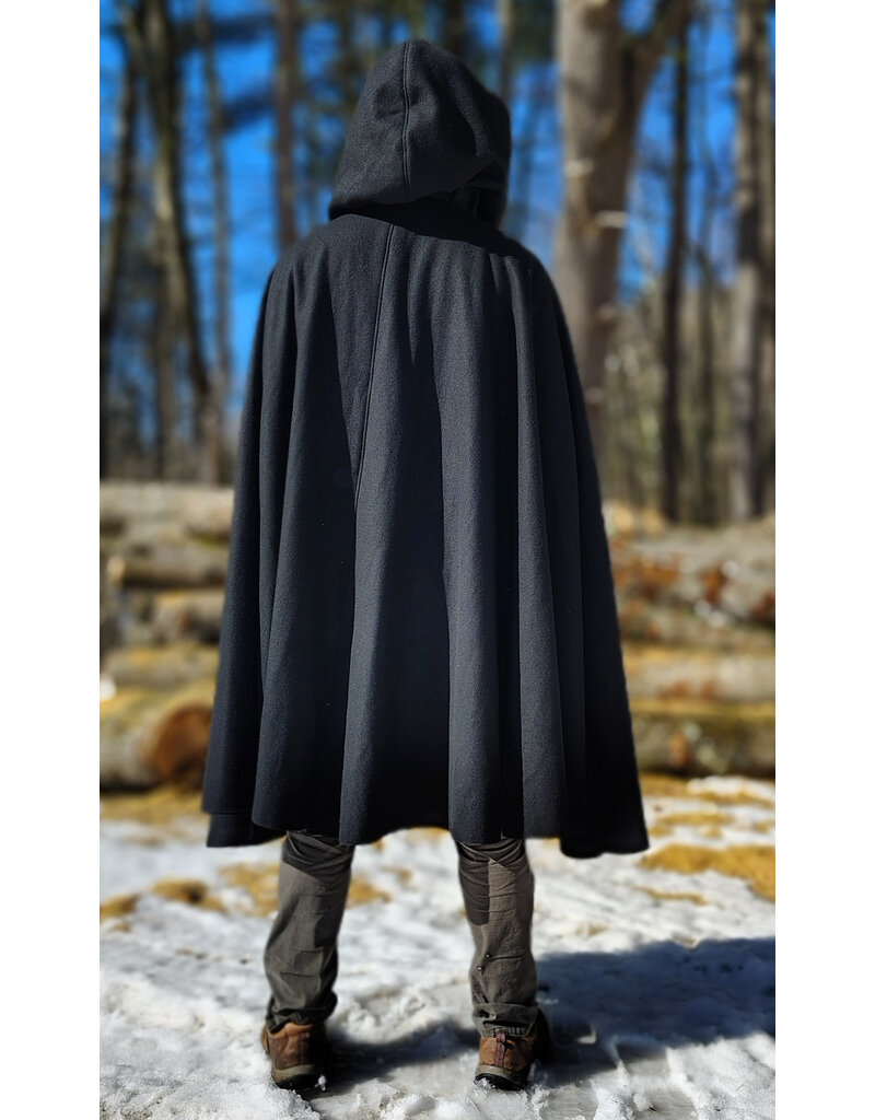 Cloakmakers.com 5964-Washable Black Wool Blend Cloak w/ Black Velvet Hood Lining & Triple Medallion Clasp