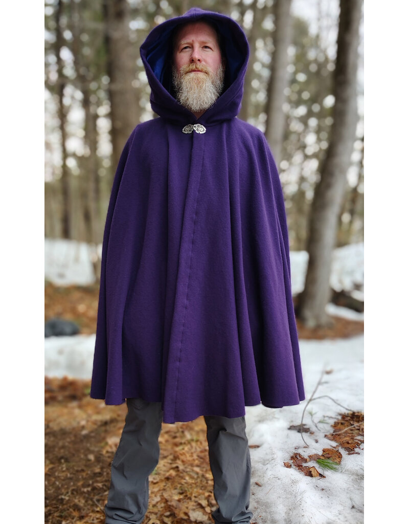 Cloakmakers.com 5966-Washable Rich Purple Wool Cloak w/ Deep Blue Velvet Hood Lining & Gothic Rose Clasp