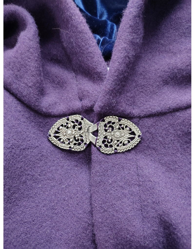 Cloakmakers.com 5966-Washable Rich Purple Wool Cloak w/ Deep Blue Velvet Hood Lining & Gothic Rose Clasp