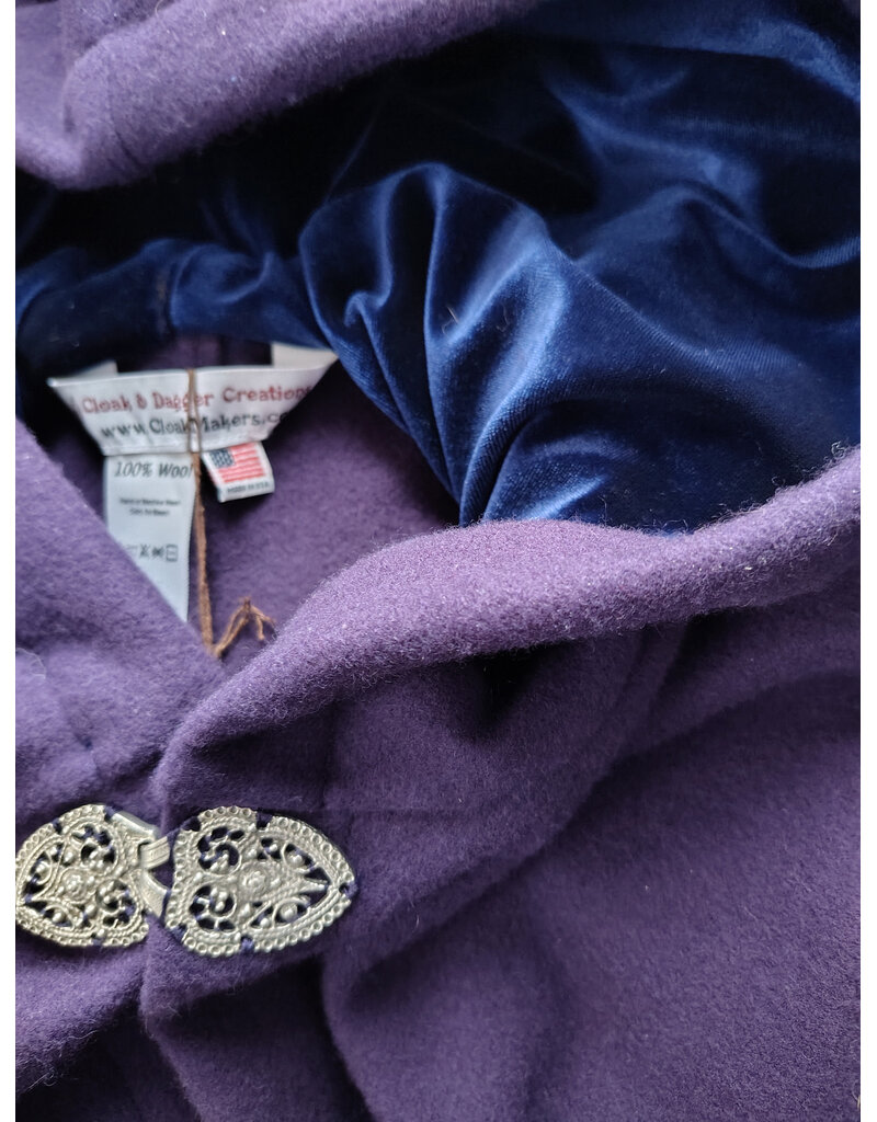 Cloakmakers.com 5966-Washable Rich Purple Wool Cloak w/ Deep Blue Velvet Hood Lining & Gothic Rose Clasp