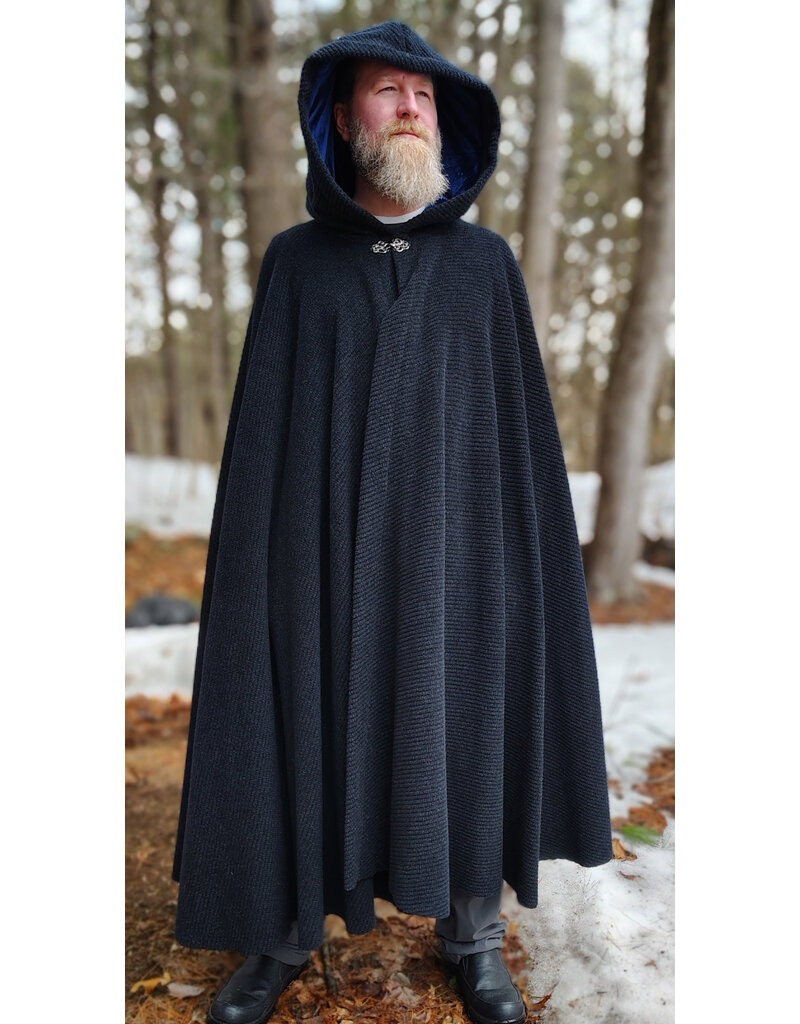 Cloakmakers.com 5967-Washable Heathered Black Novelty Weave Cloak w/ Deep Blue Velvet Hood Lining & Silver Tone Clasp