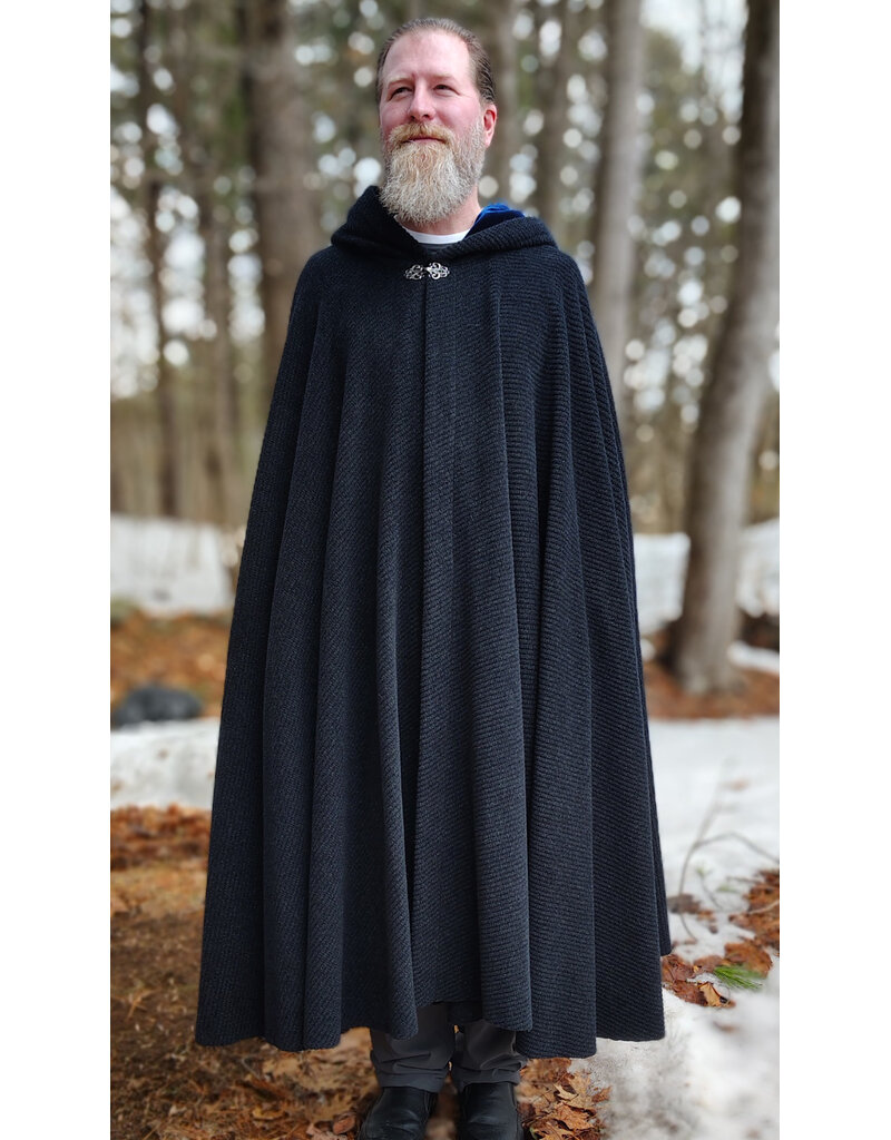 Cloakmakers.com 5967-Washable Heathered Black Novelty Weave Cloak w/ Deep Blue Velvet Hood Lining & Silver Tone Clasp