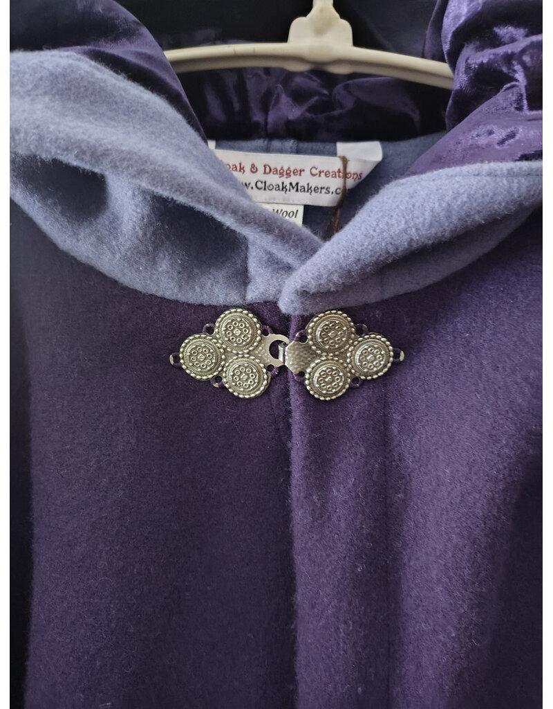 Cloakmakers.com 5968-Washable Purple Wool Mantle Cloak w/ Purple Velvet Hood Lining & Triple Medallion Clasp