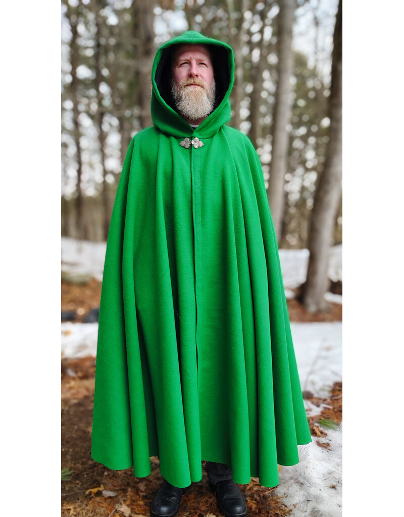 Cloakmakers.com 5969-Bright Green Wool Blend Cloak w/ Black Velvet Hood Lining & Triple Medallion Clasp