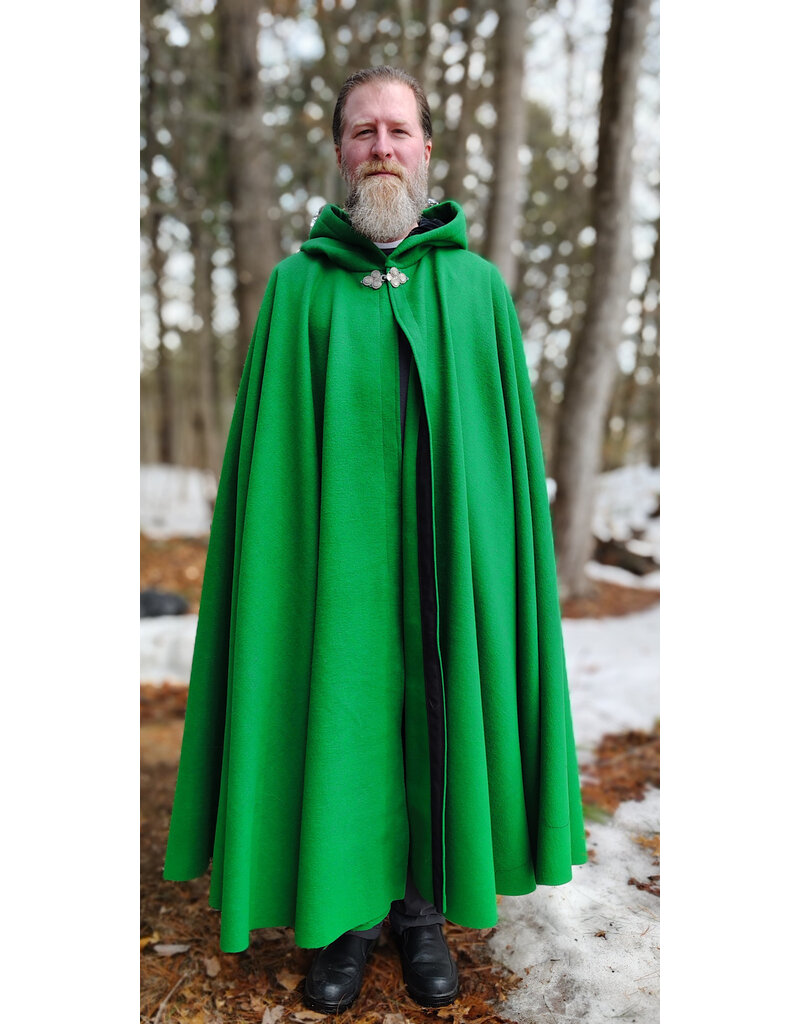 Cloakmakers.com 5969-Bright Green Wool Blend Cloak w/ Black Velvet Hood Lining & Triple Medallion Clasp