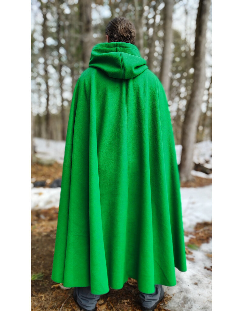 Cloakmakers.com 5969-Bright Green Wool Blend Cloak w/ Black Velvet Hood Lining & Triple Medallion Clasp