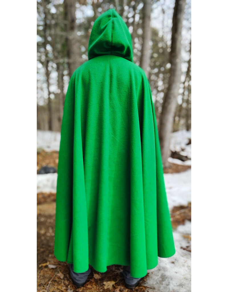 Cloakmakers.com 5969-Bright Green Wool Blend Cloak w/ Black Velvet Hood Lining & Triple Medallion Clasp
