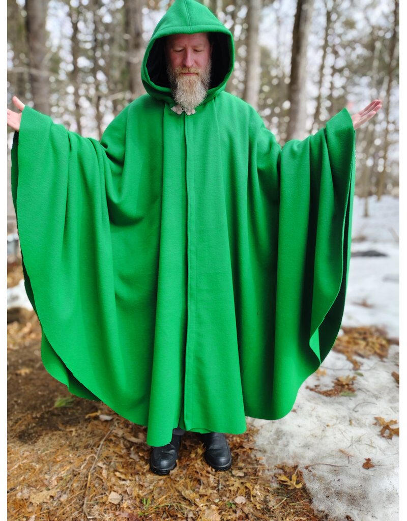 Cloakmakers.com 5969-Bright Green Wool Blend Cloak w/ Black Velvet Hood Lining & Triple Medallion Clasp