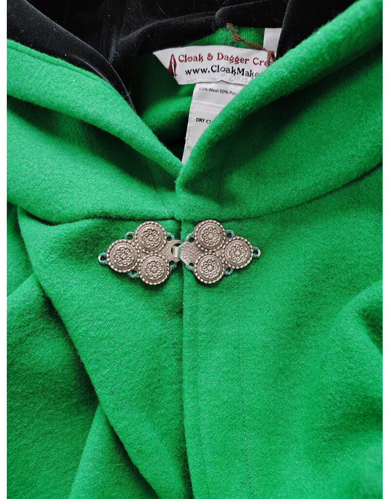 Cloakmakers.com 5969-Bright Green Wool Blend Cloak w/ Black Velvet Hood Lining & Triple Medallion Clasp