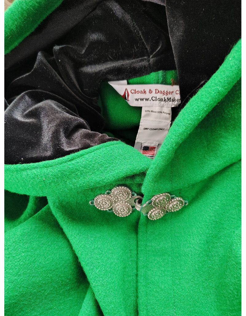 Cloakmakers.com 5969-Bright Green Wool Blend Cloak w/ Black Velvet Hood Lining & Triple Medallion Clasp