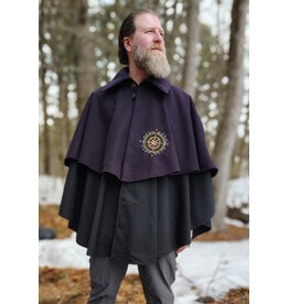 Cloakmakers.com 5971-Dual Layered Purple & Black Wool Blend Collared Cloak w/ Compass Embroidery