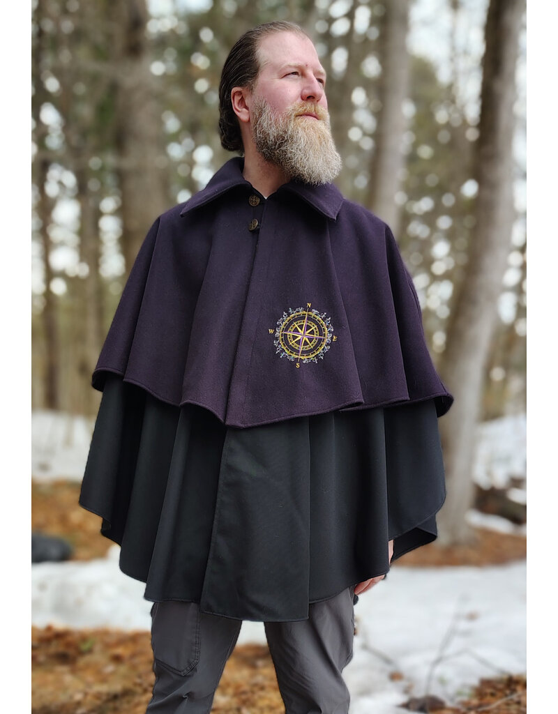 Cloakmakers.com 5971-Dual Layered Purple & Black Wool Blend Collared Cloak w/ Compass Embroidery