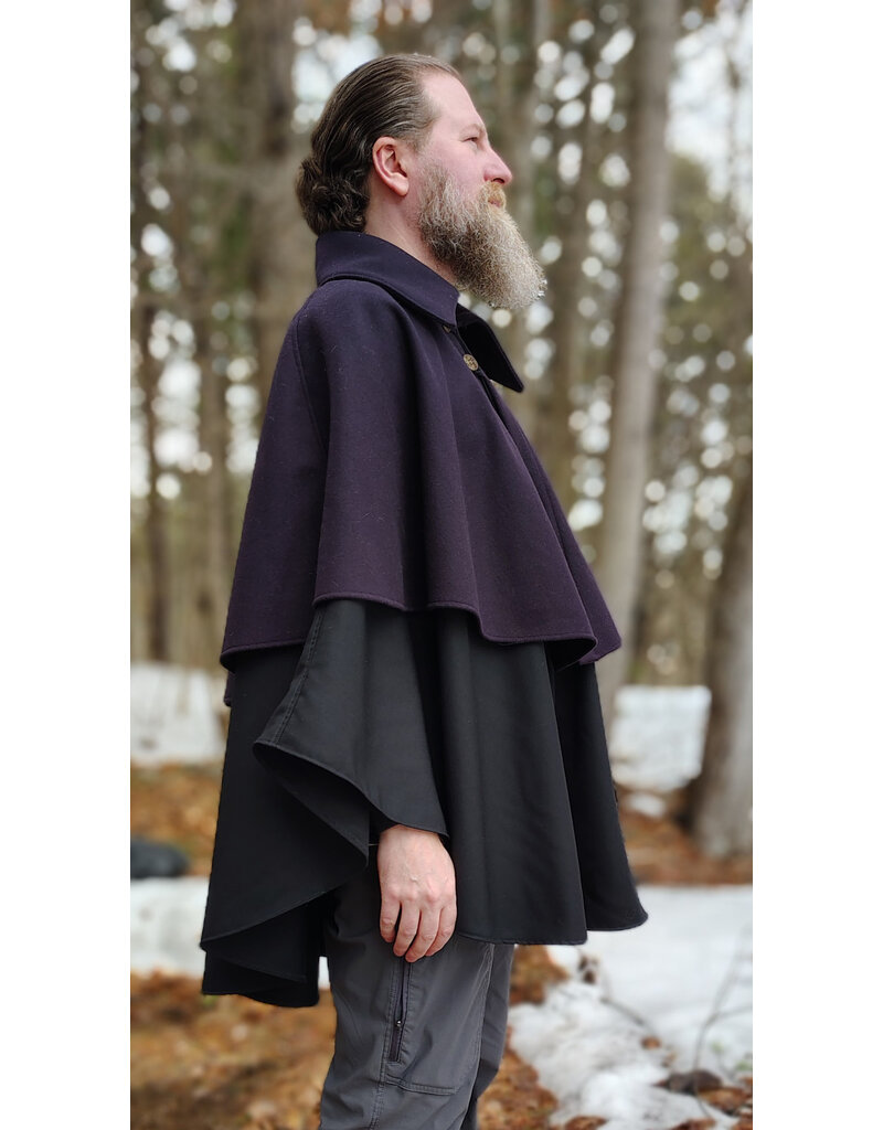 Cloakmakers.com 5971-Dual Layered Purple & Black Wool Blend Collared Cloak w/ Compass Embroidery
