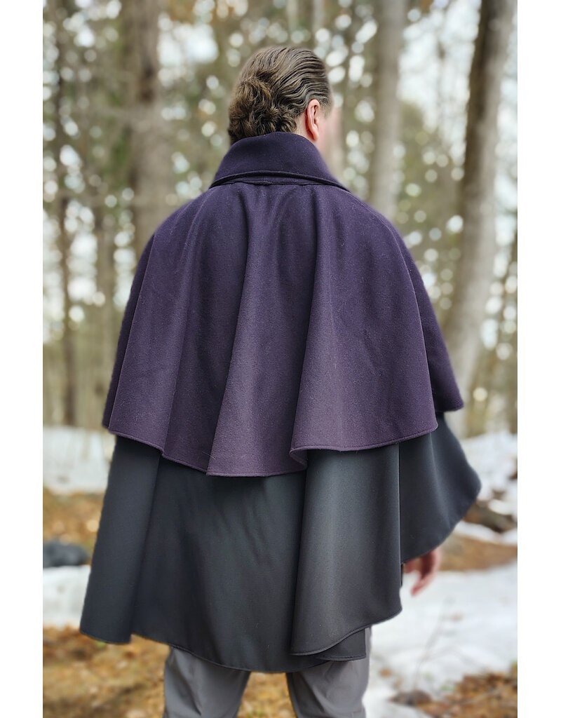 Cloakmakers.com 5971-Dual Layered Purple & Black Wool Blend Collared Cloak w/ Compass Embroidery