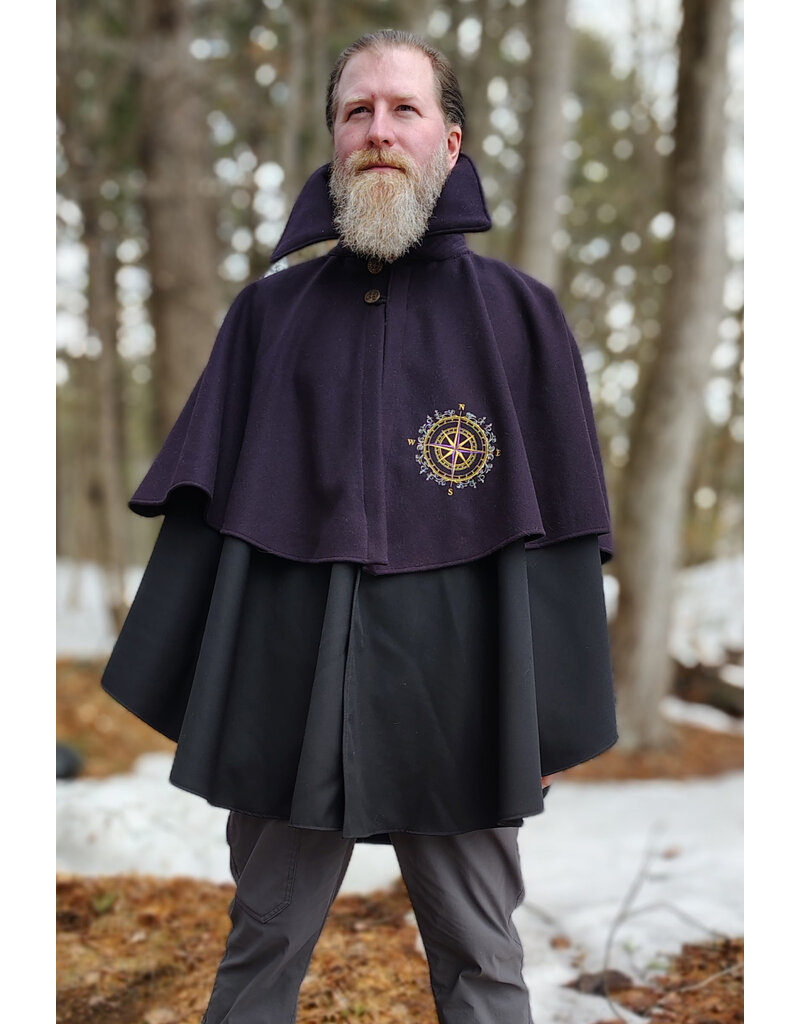 Cloakmakers.com 5971-Dual Layered Purple & Black Wool Blend Collared Cloak w/ Compass Embroidery
