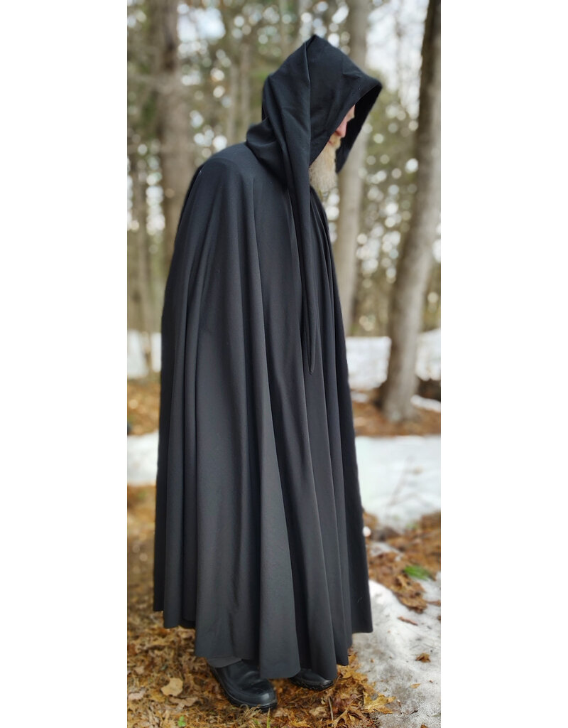 Cloakmakers.com 5974-Washable Lightweight Black Wool Cloak w/ Celtic Triquetra Knot Clasp & Liripipe Hood