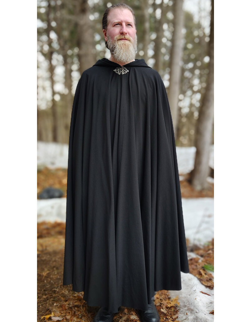 Cloakmakers.com 5974-Washable Lightweight Black Wool Cloak w/ Celtic Triquetra Knot Clasp & Liripipe Hood