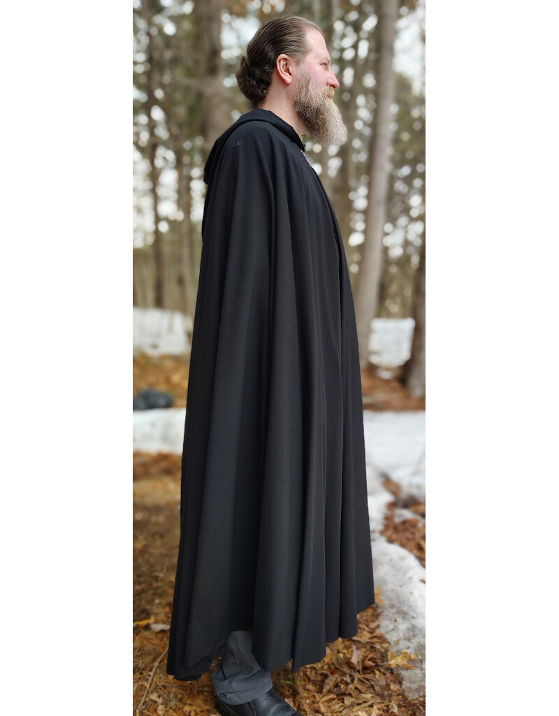 Cloakmakers.com 5974-Washable Lightweight Black Wool Cloak w/ Celtic Triquetra Knot Clasp & Liripipe Hood