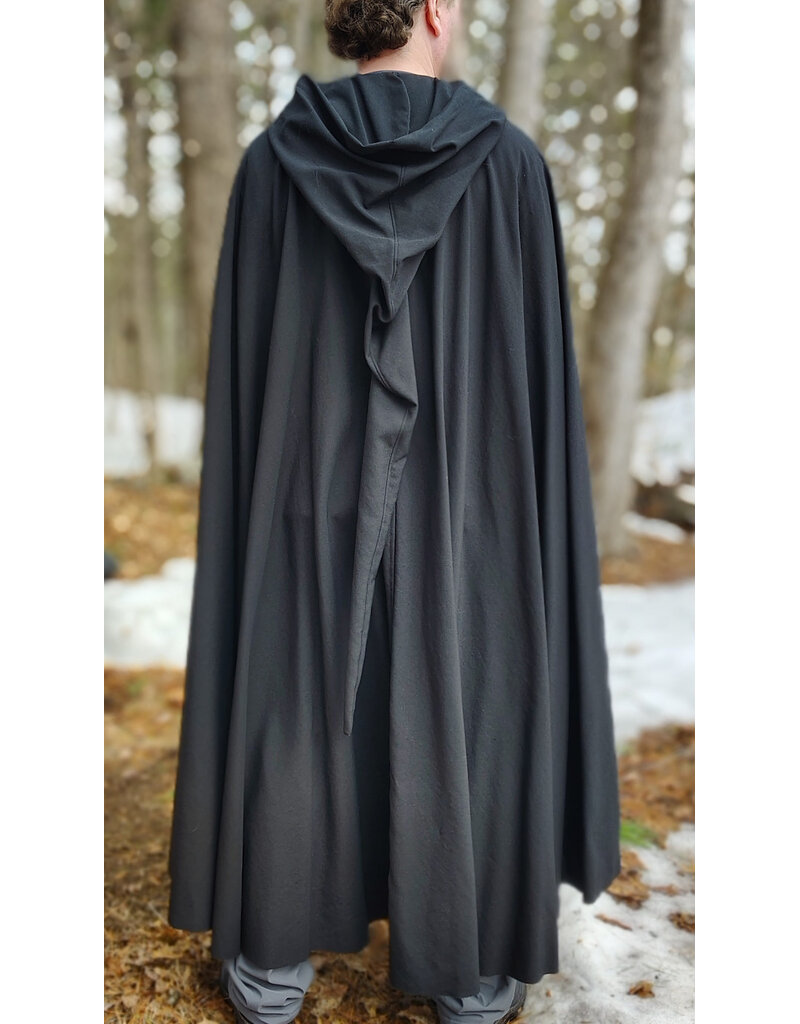 Cloakmakers.com 5974-Washable Lightweight Black Wool Cloak w/ Celtic Triquetra Knot Clasp & Liripipe Hood