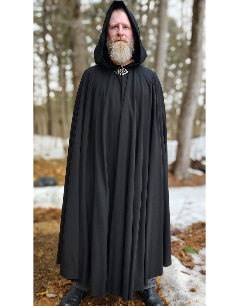 Cloakmakers.com 5974-Washable Lightweight Black Wool Cloak w/ Celtic Triquetra Knot Clasp & Liripipe Hood