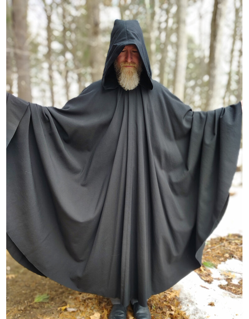 Cloakmakers.com 5974-Washable Lightweight Black Wool Cloak w/ Celtic Triquetra Knot Clasp & Liripipe Hood