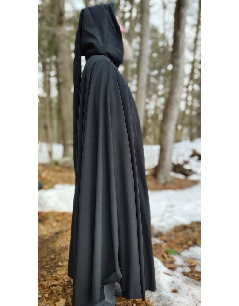 Cloakmakers.com 5974-Washable Lightweight Black Wool Cloak w/ Celtic Triquetra Knot Clasp & Liripipe Hood