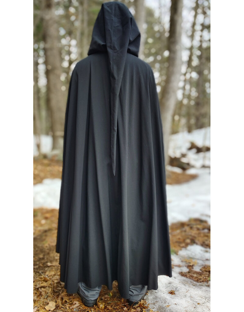 Cloakmakers.com 5974-Washable Lightweight Black Wool Cloak w/ Celtic Triquetra Knot Clasp & Liripipe Hood