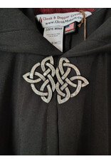 Cloakmakers.com 5974-Washable Lightweight Black Wool Cloak w/ Celtic Triquetra Knot Clasp & Liripipe Hood