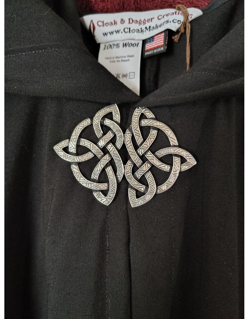 Cloakmakers.com 5974-Washable Lightweight Black Wool Cloak w/ Celtic Triquetra Knot Clasp & Liripipe Hood