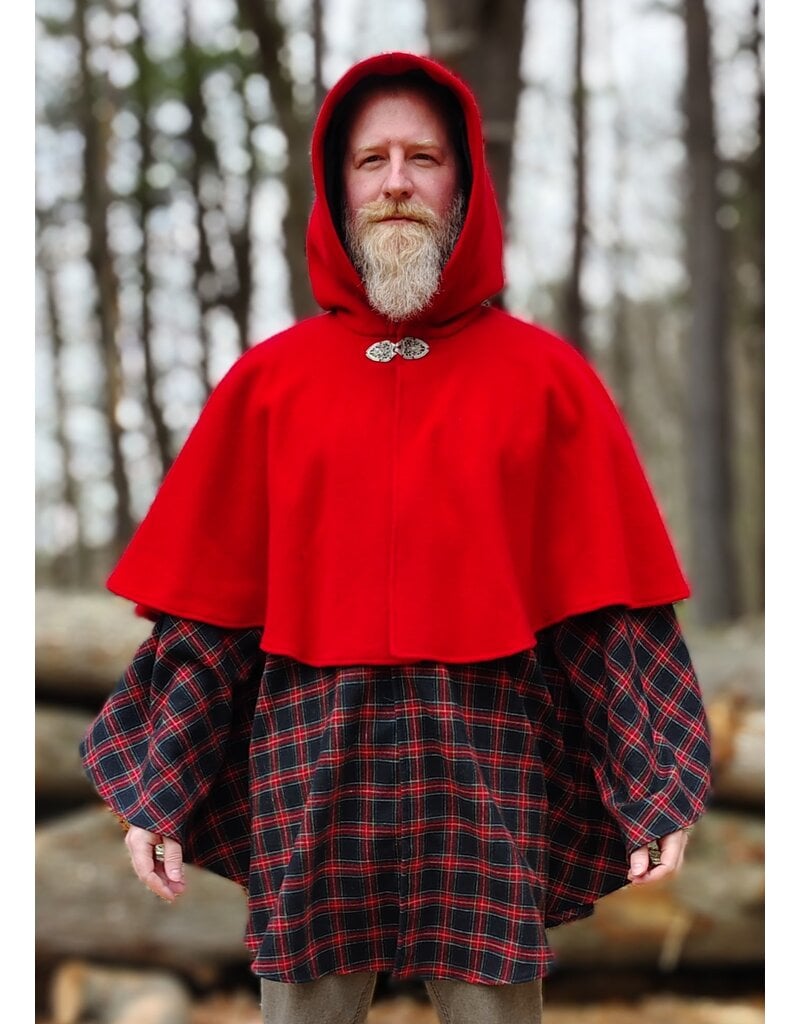 Cloakmakers.com 5975-Washable Black & Red Plaid Mantle Cloak w/ Black Velvet Hood Lining & Black Raven Embroidery