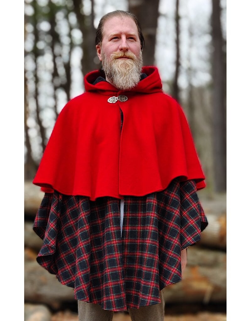 Cloakmakers.com 5975-Washable Black & Red Plaid Mantle Cloak w/ Black Velvet Hood Lining & Black Raven Embroidery