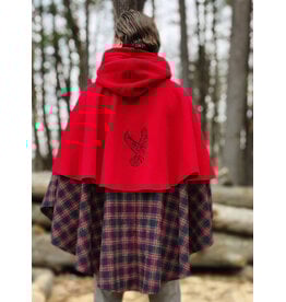 Cloakmakers.com 5975-Washable Black & Red Plaid Mantle Cloak w/ Black Velvet Hood Lining & Black Raven Embroidery