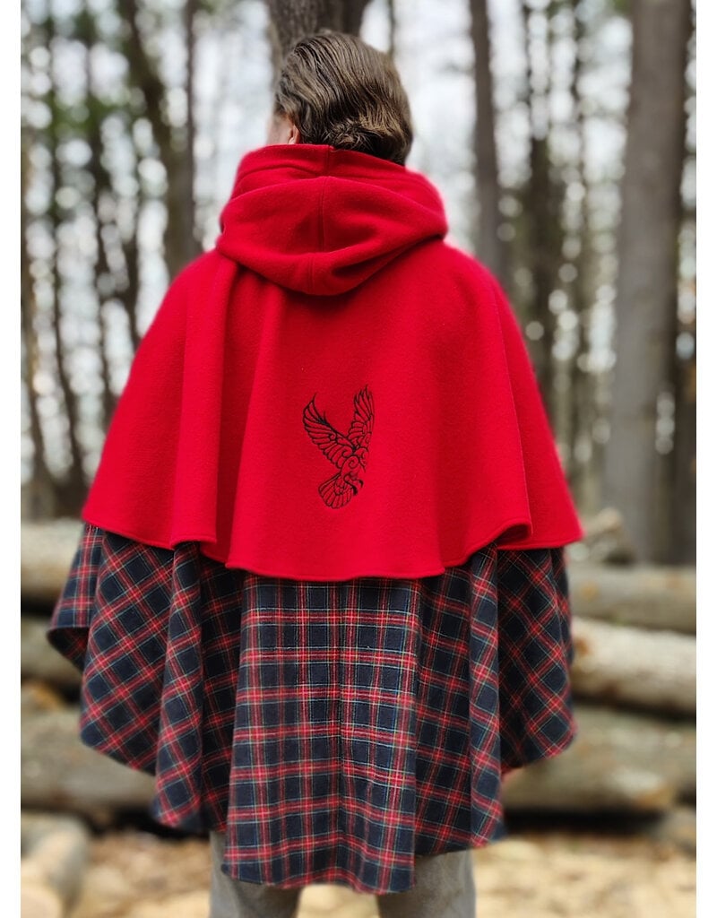 Cloakmakers.com 5975-Washable Black & Red Plaid Mantle Cloak w/ Black Velvet Hood Lining & Black Raven Embroidery