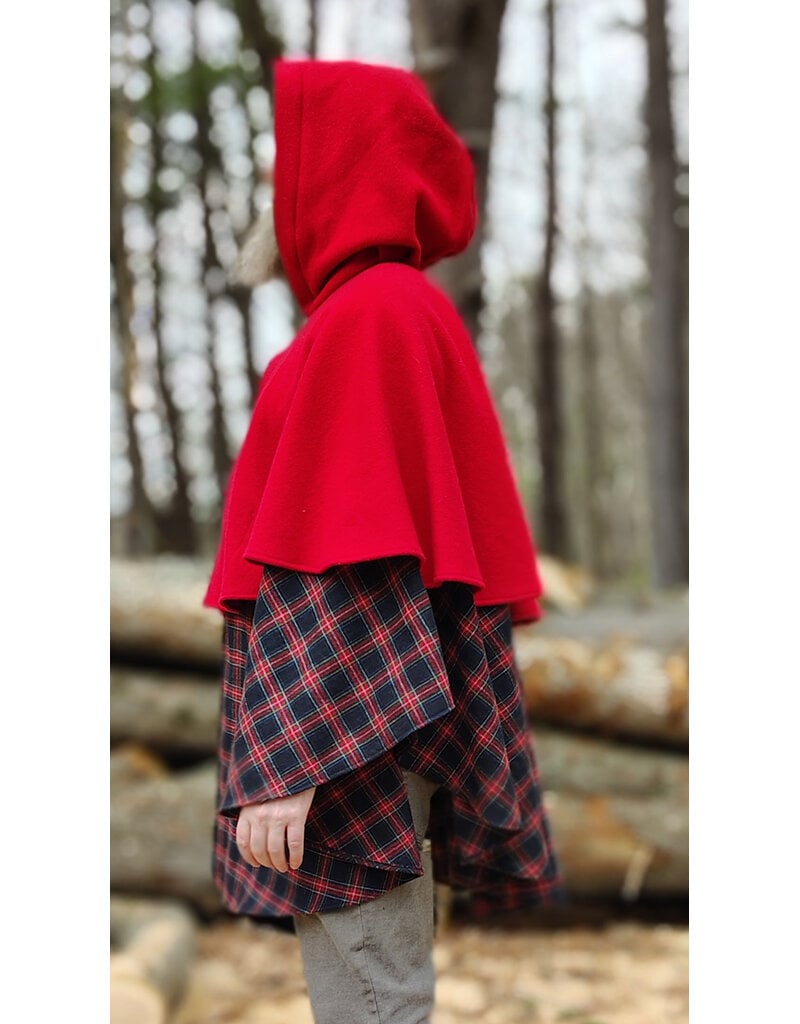 Cloakmakers.com 5975-Washable Black & Red Plaid Mantle Cloak w/ Black Velvet Hood Lining & Black Raven Embroidery
