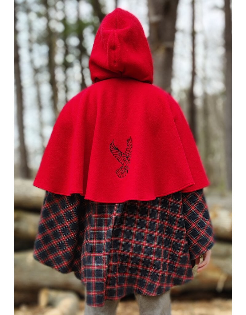 Cloakmakers.com 5975-Washable Black & Red Plaid Mantle Cloak w/ Black Velvet Hood Lining & Black Raven Embroidery
