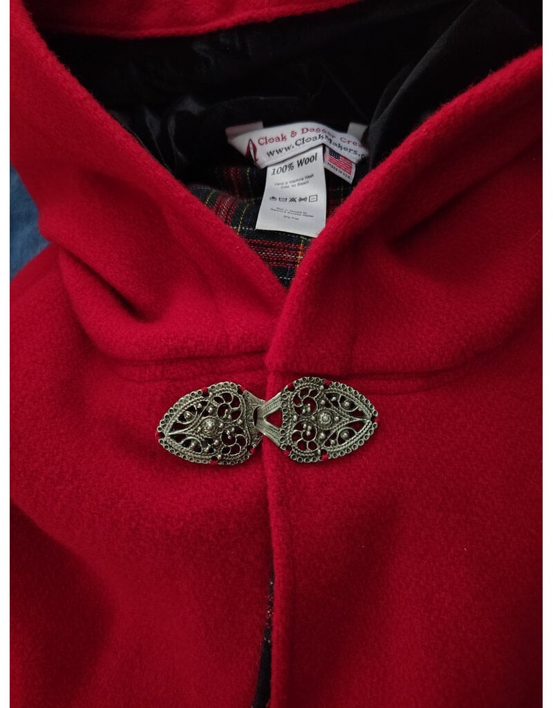 Cloakmakers.com 5975-Washable Black & Red Plaid Mantle Cloak w/ Black Velvet Hood Lining & Black Raven Embroidery