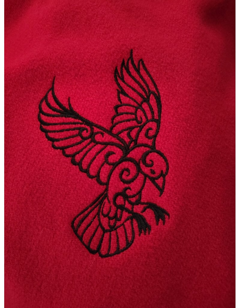 Cloakmakers.com 5975-Washable Black & Red Plaid Mantle Cloak w/ Black Velvet Hood Lining & Black Raven Embroidery