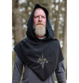 Cloakmakers.com H558-Washable Black Fleece Hooded Cowl w/ Sword & Dragon Embroidery