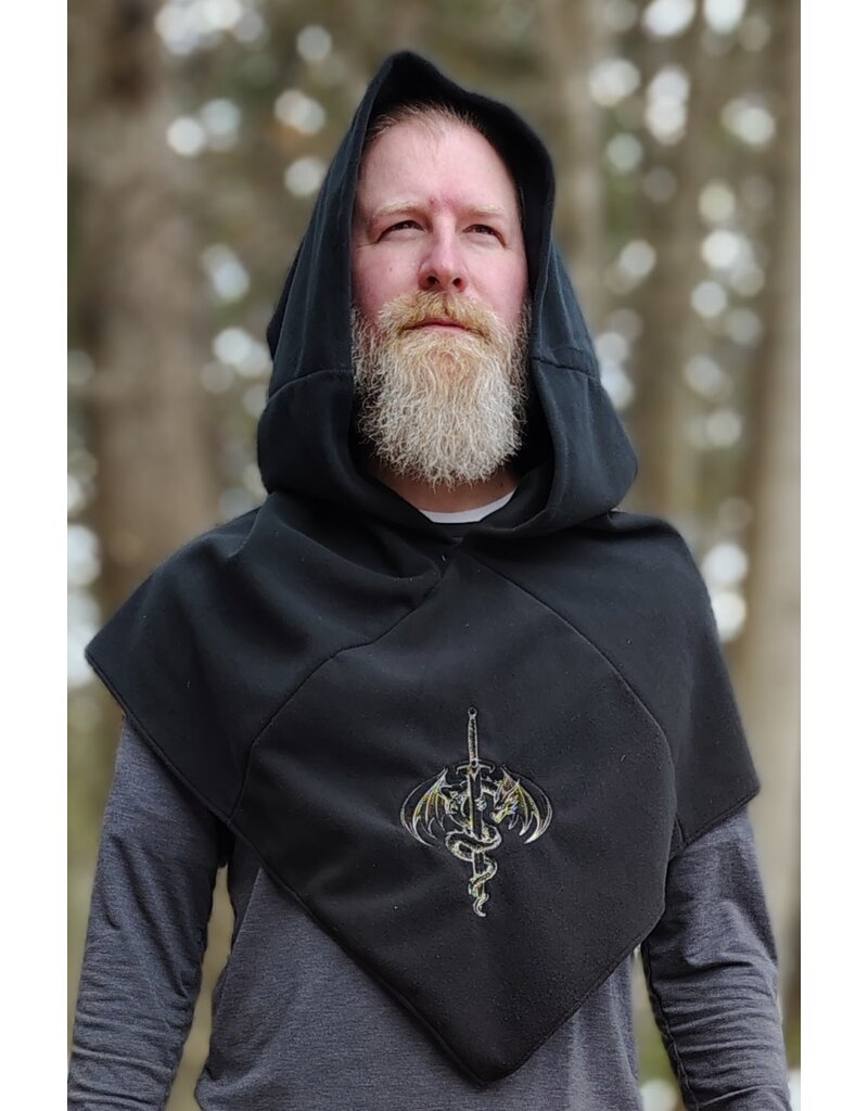 Cloakmakers.com H558-Black Fleece Viking Hood w/ Sword & Dragon Embroidery
