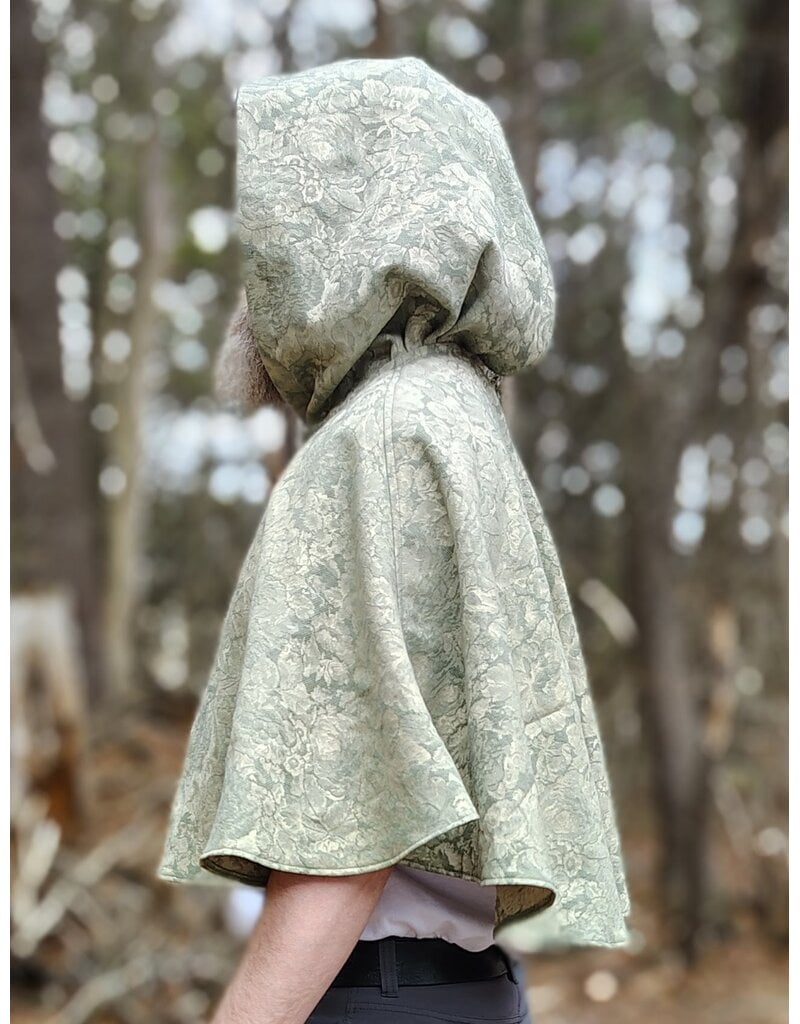 Cloakmakers.com 5976-Light Green Floral Brocade Cloak w/ Antique Bronze Tone Clasp & Pockets
