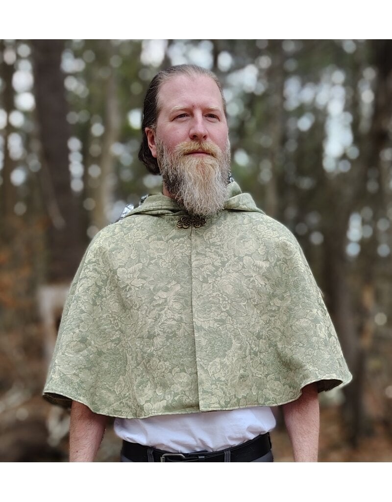 Cloakmakers.com 5976-Light Green Floral Brocade Cloak w/ Antique Bronze Tone Clasp & Pockets