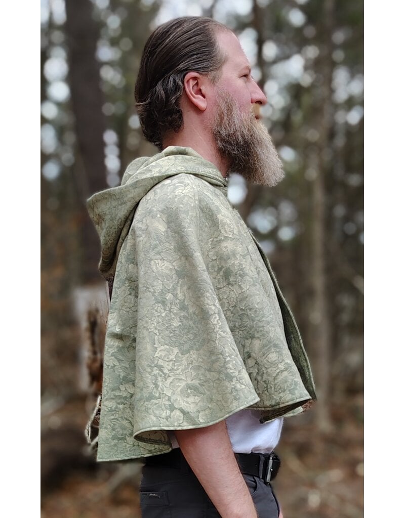 Cloakmakers.com 5976-Light Green Floral Brocade Cloak w/ Antique Bronze Tone Clasp & Pockets