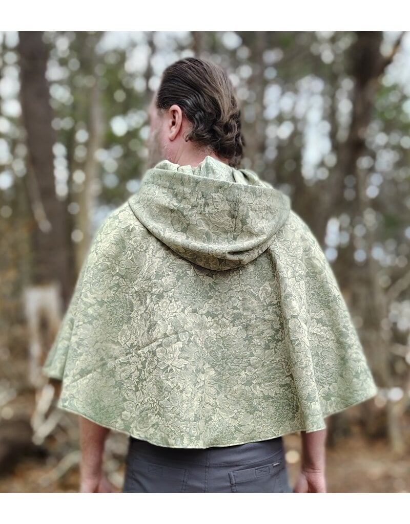 Cloakmakers.com 5976-Light Green Floral Brocade Cloak w/ Antique Bronze Tone Clasp & Pockets